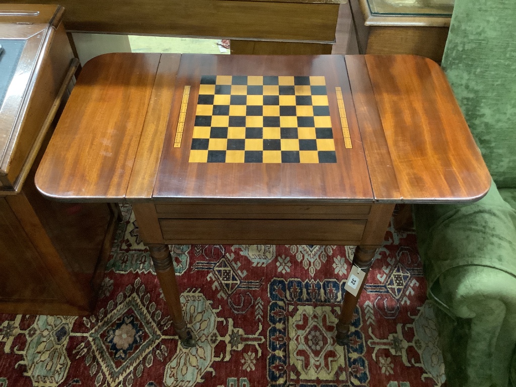 A Regency and later inlaid mahogany drop flap games table with backgammon interior, width 55cm, depth 50cm, height 72cm